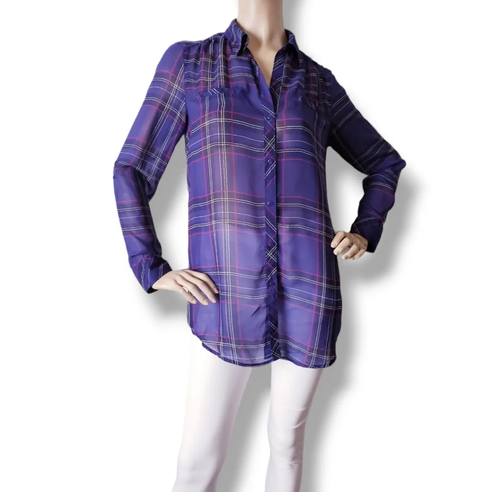 Guess Purple & Pink Plaid Print Chiffon Sheer Long Sleeve Blouse Size Small - Picture 8 of 8